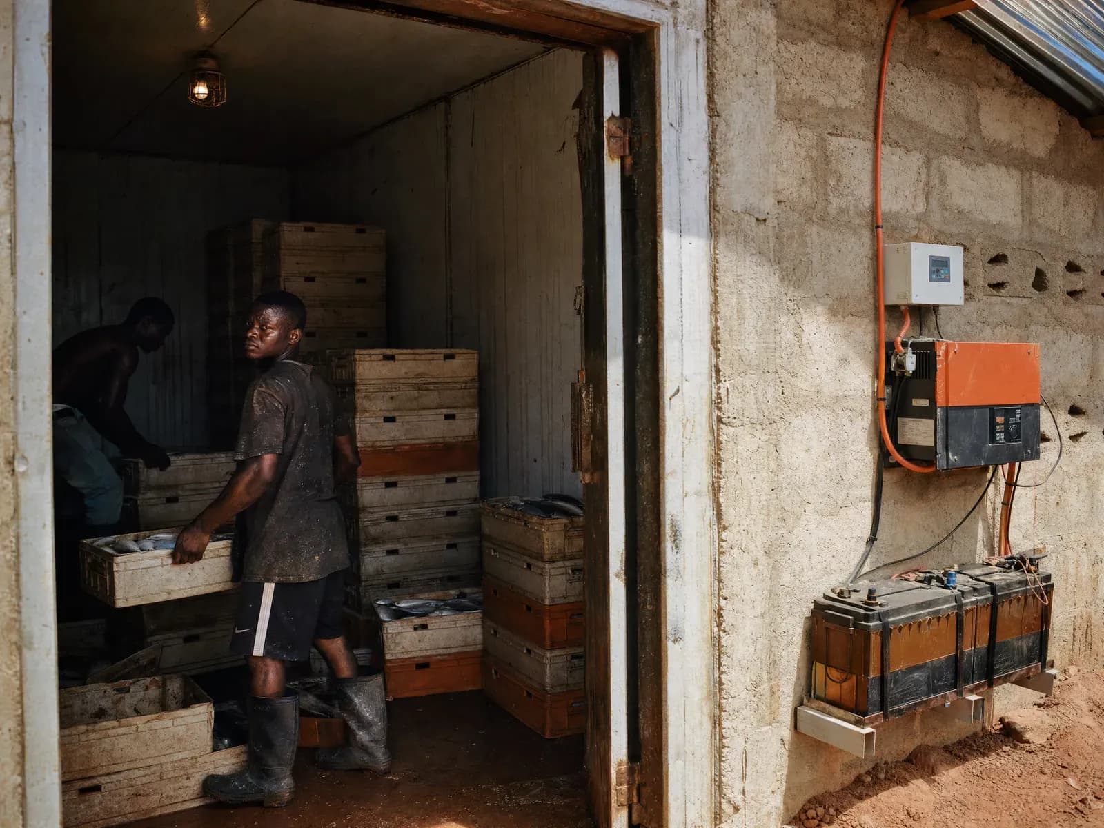 Inside a cold room with the inverter and battery bank mounted outside the door