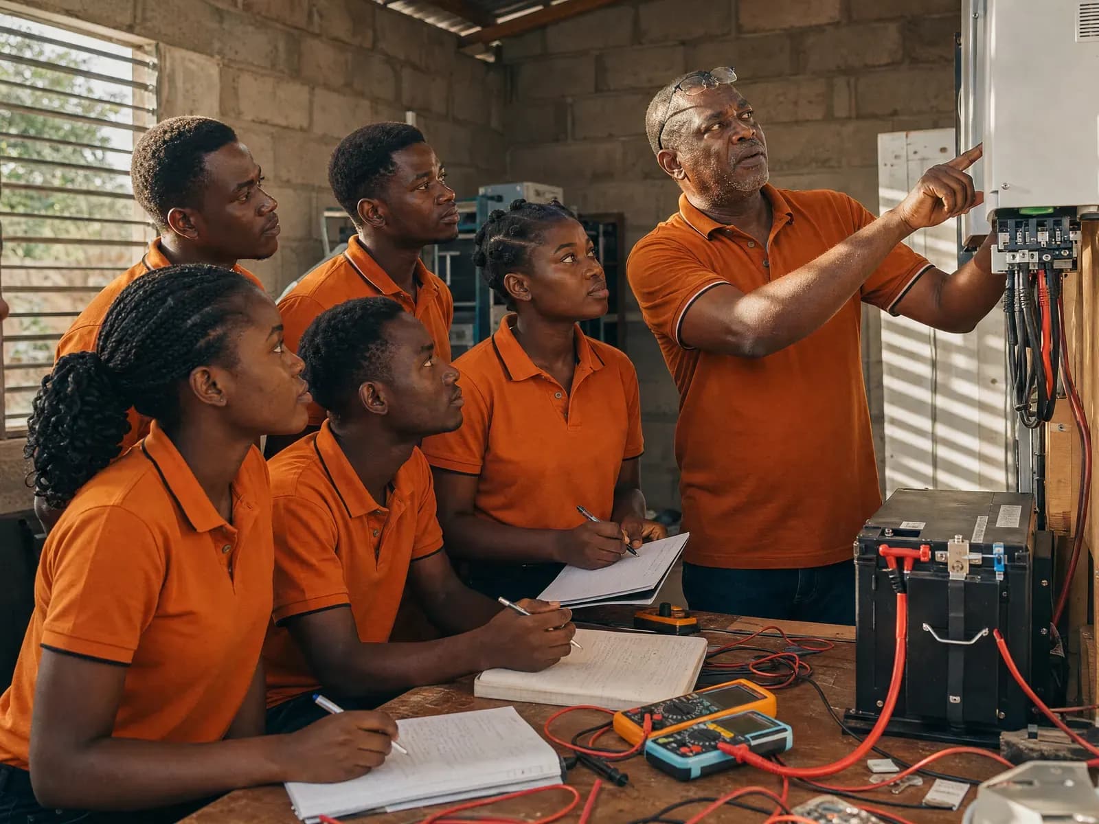 Trainees gathered around an inverter training rig at Vehrox Academy