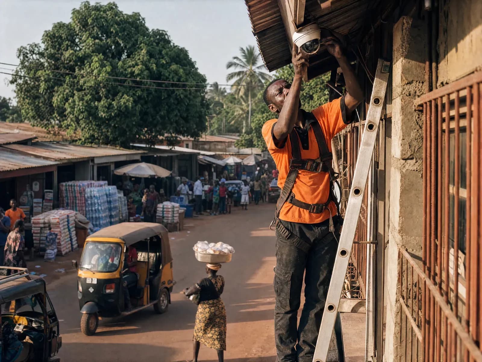 A technician installing a dome camera above a Nigerian commercial street