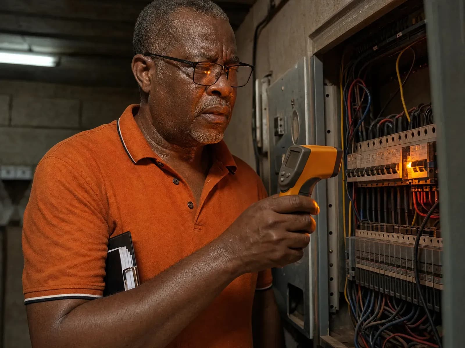 An engineer checking an open distribution board with an infrared thermometer