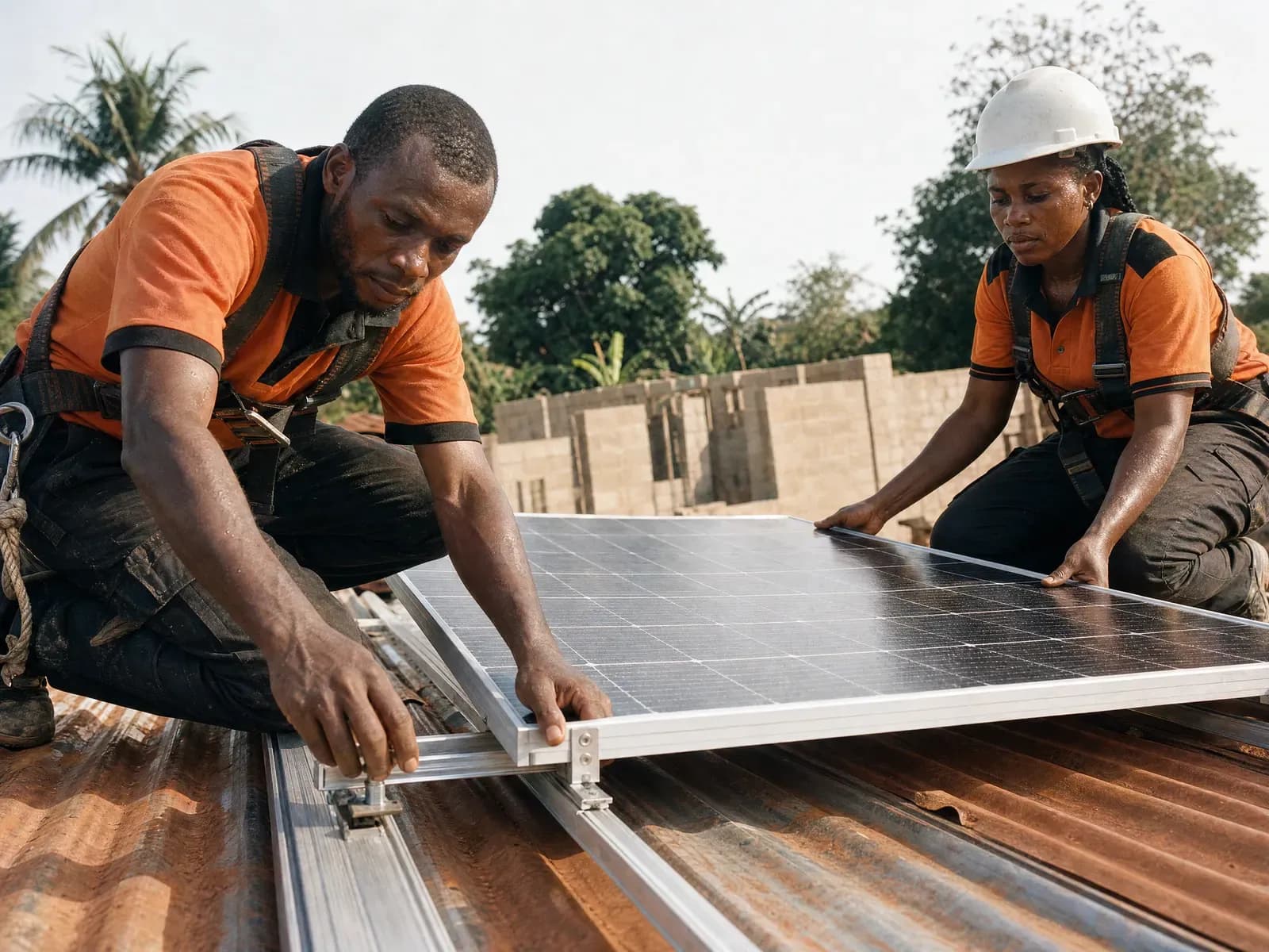 Two Vehrox technicians mounting a solar panel on a corrugated roof