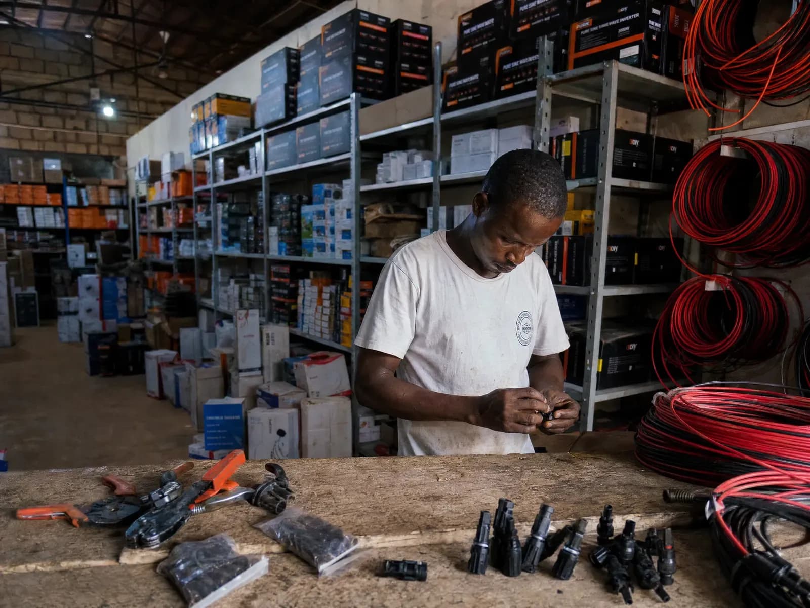 Shelves of inverters, cable and connectors in the Vehrox supplies warehouse