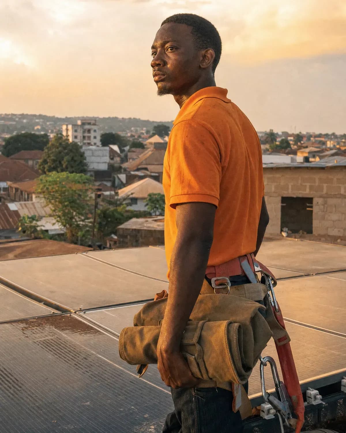 A young Vehrox Academy graduate on a rooftop holding his tool roll